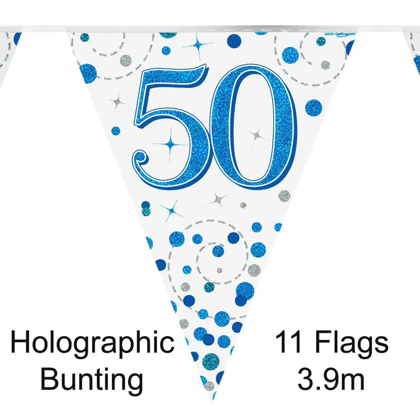 Party Bunting 50th Sparkling Fizz Birthday Blue Holographic 11 flags 3.9m | The Party Hut