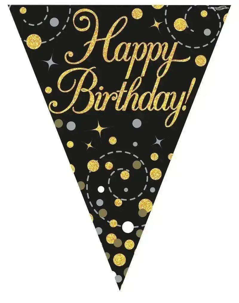 Party Bunting Sparkling Fizz Birthday Black & Gold Holographic 11 flags 3.9m | The Party Hut