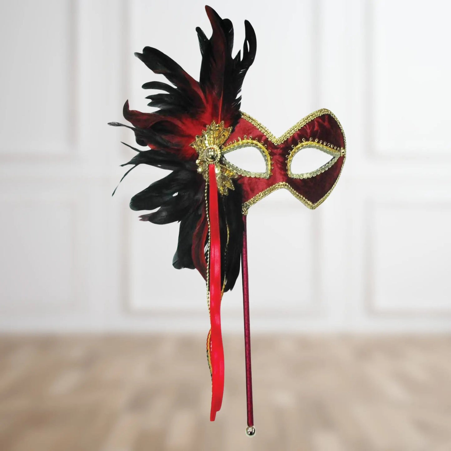 Red Feathered Masquerade Mask on Stick – Elegant Party Accessory | The Party Hut