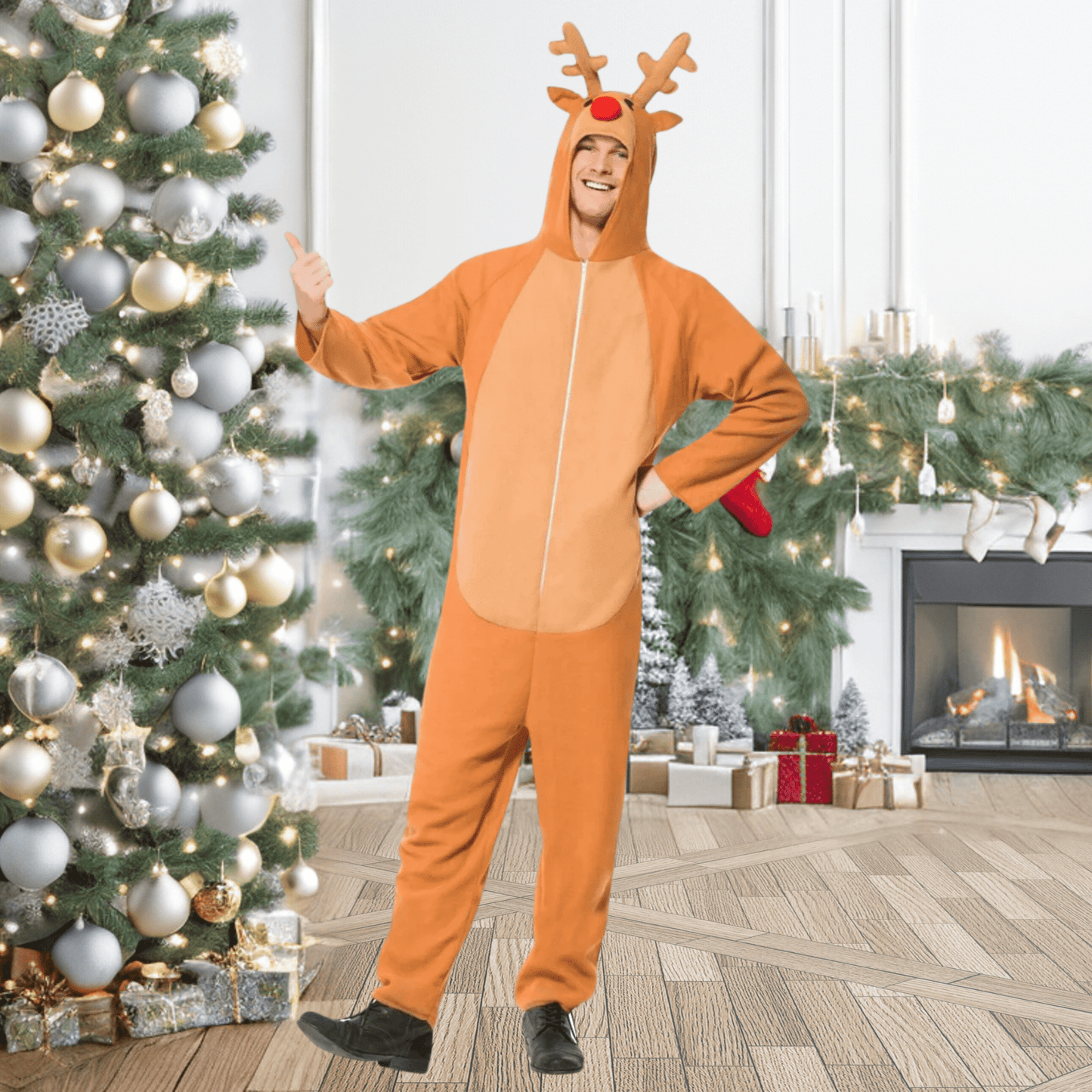 Reindeer Costume – Brown Bodysuit with Hood, Nose & Antlers | The Party Hut