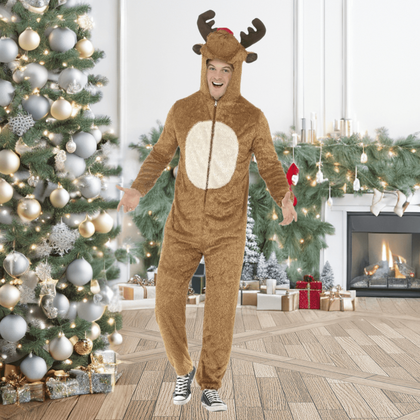 Reindeer Costume – Brown Hooded Jumpsuit with Red Nose | The Party Hut