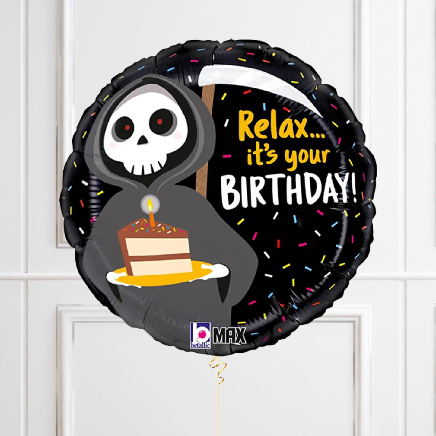 "Relax... It's Your Birthday" Grim Reaper Balloon Set - Fun & Spooky Black and Orange Themed | The Party Hut