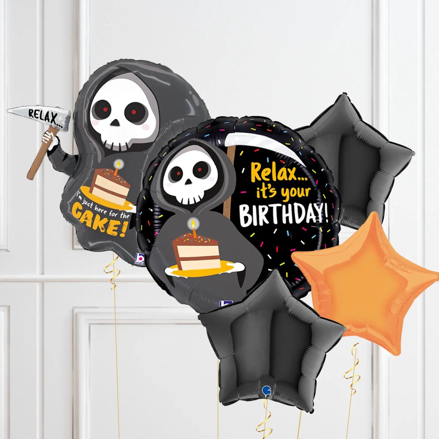 "Relax... It's Your Birthday" Grim Reaper Balloon Set - Fun & Spooky Black and Orange Themed | The Party Hut