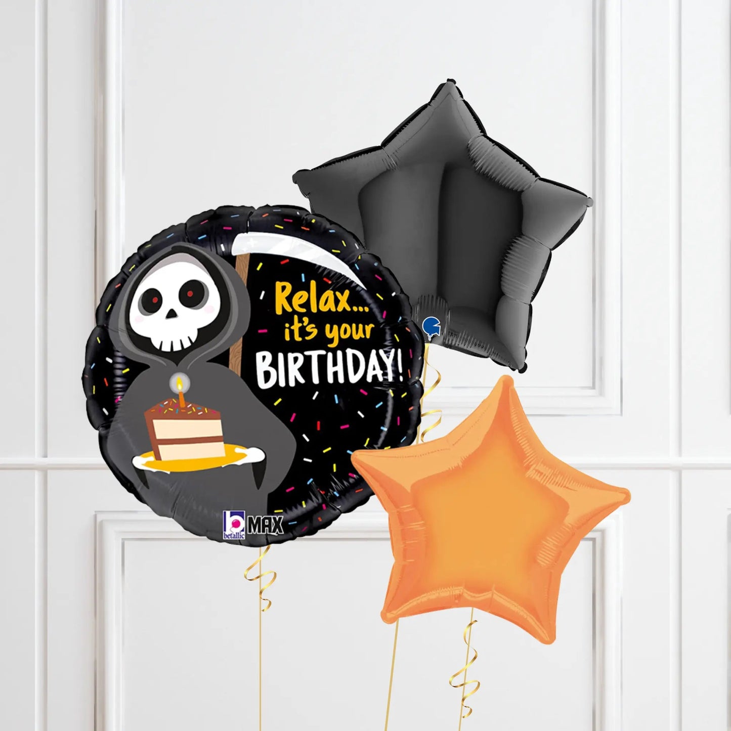 "Relax... It's Your Birthday" Grim Reaper Balloon Set - Fun & Spooky Black and Orange Themed | The Party Hut