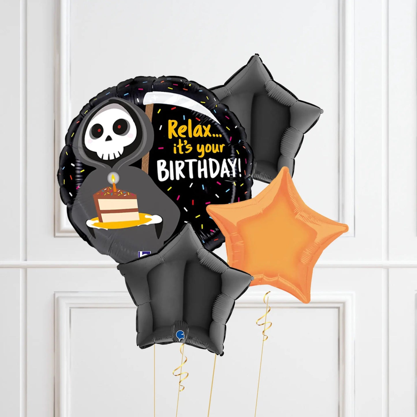 "Relax... It's Your Birthday" Grim Reaper Balloon Set - Fun & Spooky Black and Orange Themed | The Party Hut