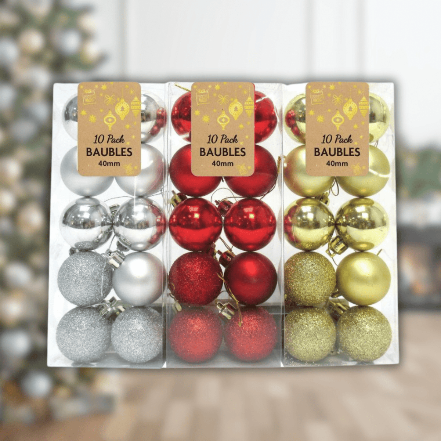 Set of 10 Classic Christmas Baubles - 40mm Festive Tree Decorations | The Party Hut