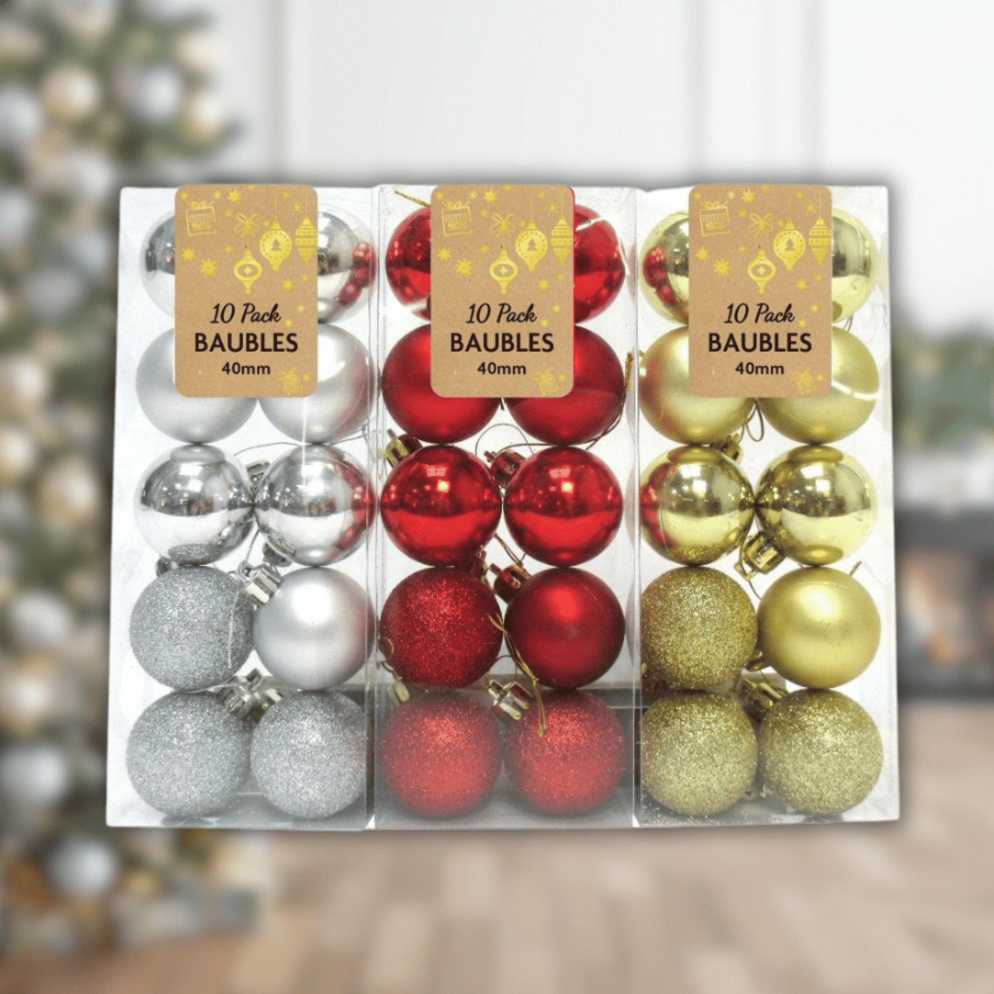 Set of 10 Classic Christmas Baubles - 40mm Festive Tree Decorations