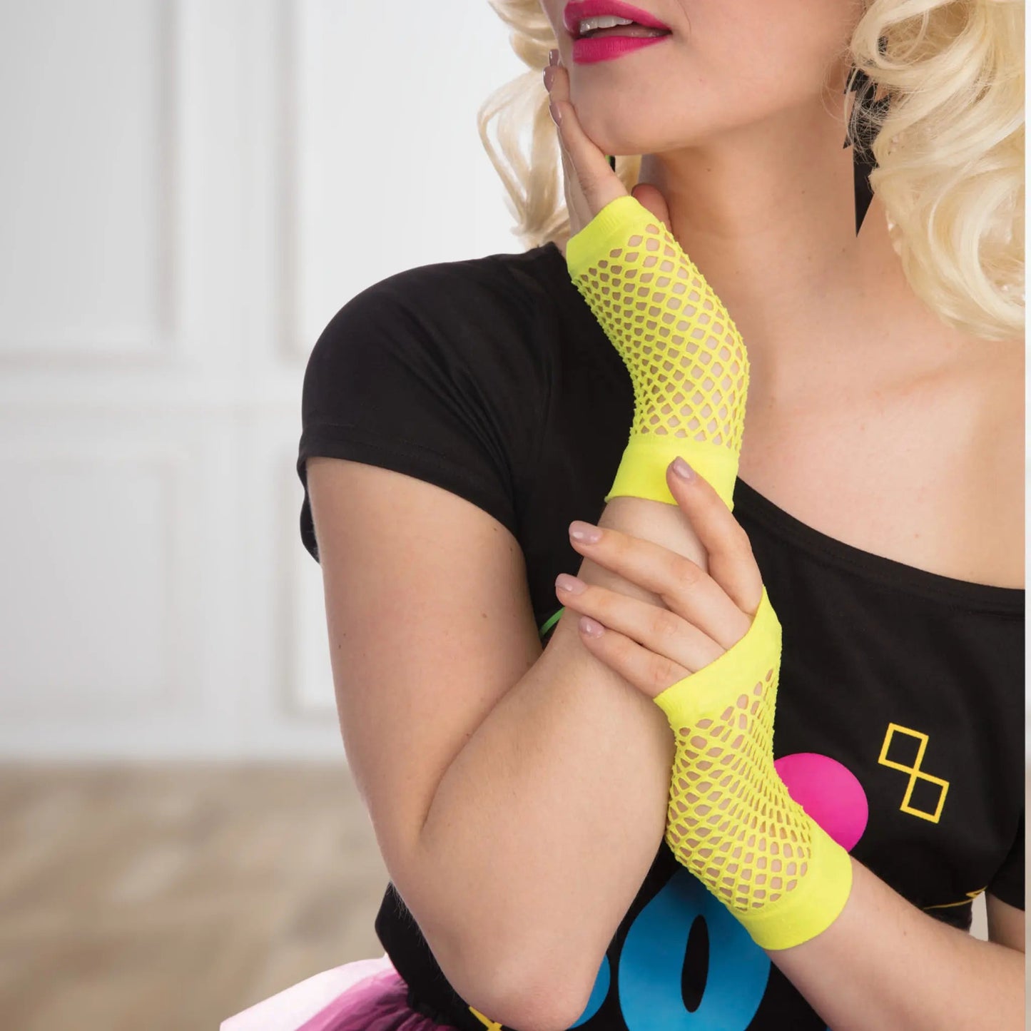 Short Neon Yellow Fishnet Gloves - Retro Costume Accessory | The Party Hut