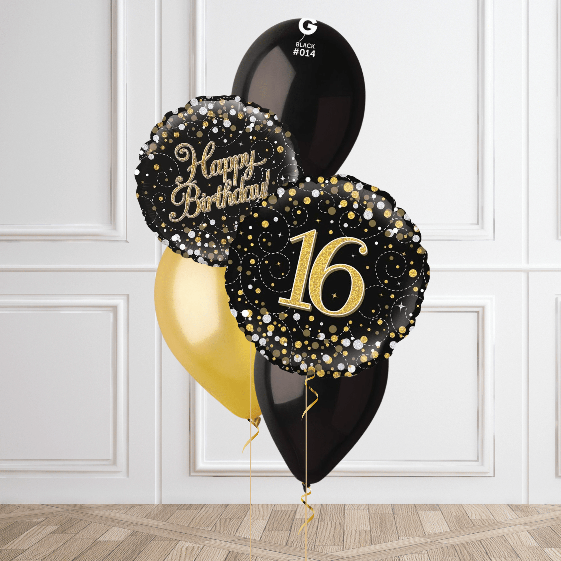 Sparkling Black & Gold 16th Birthday Balloon Bouquet