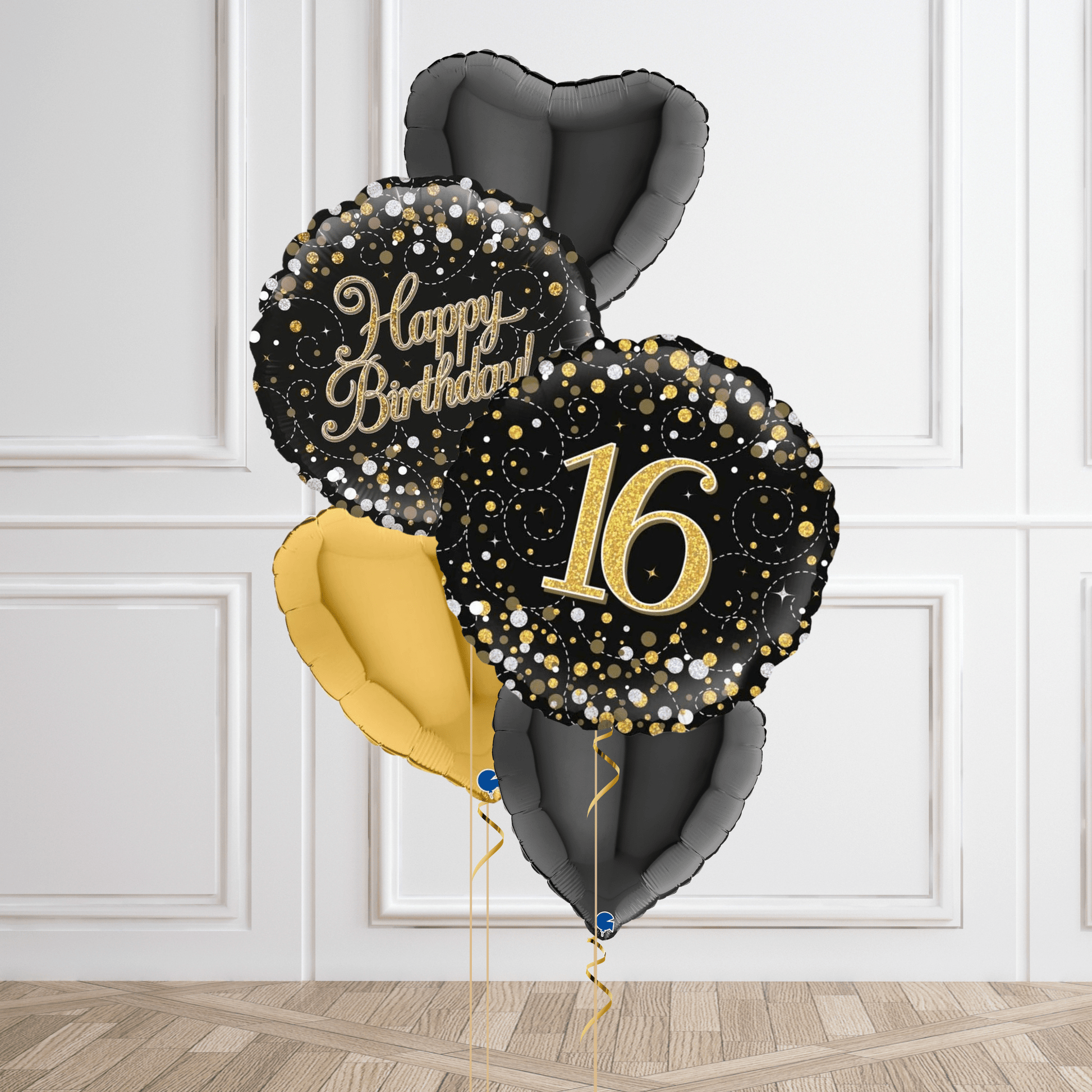 Sparkling Black & Gold 16th Birthday Balloon Bouquet