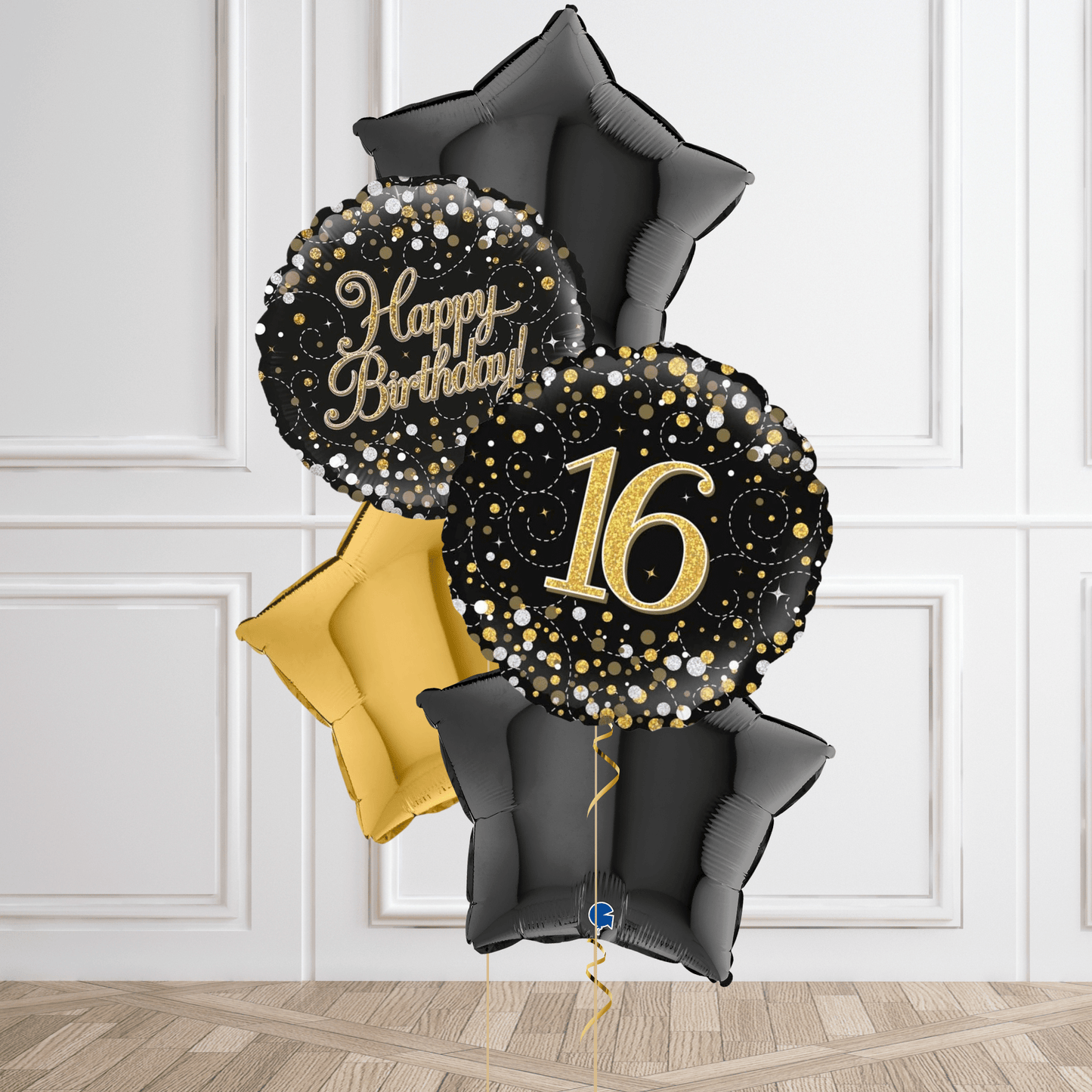 Sparkling Black & Gold 16th Birthday Balloon Bouquet | The Party Hut