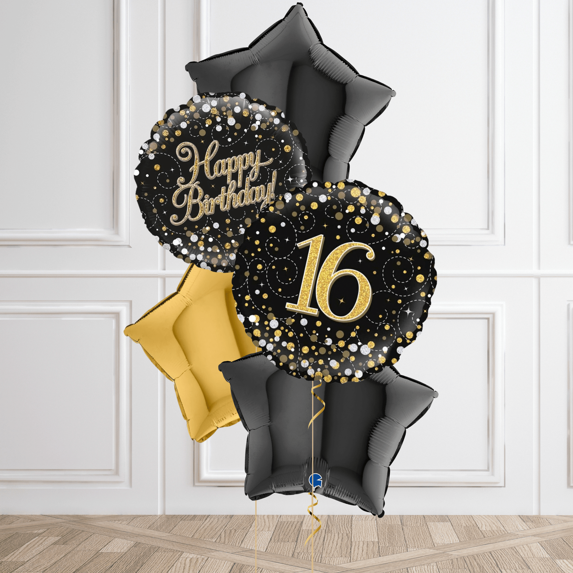 Sparkling Black & Gold 16th Birthday Balloon Bouquet