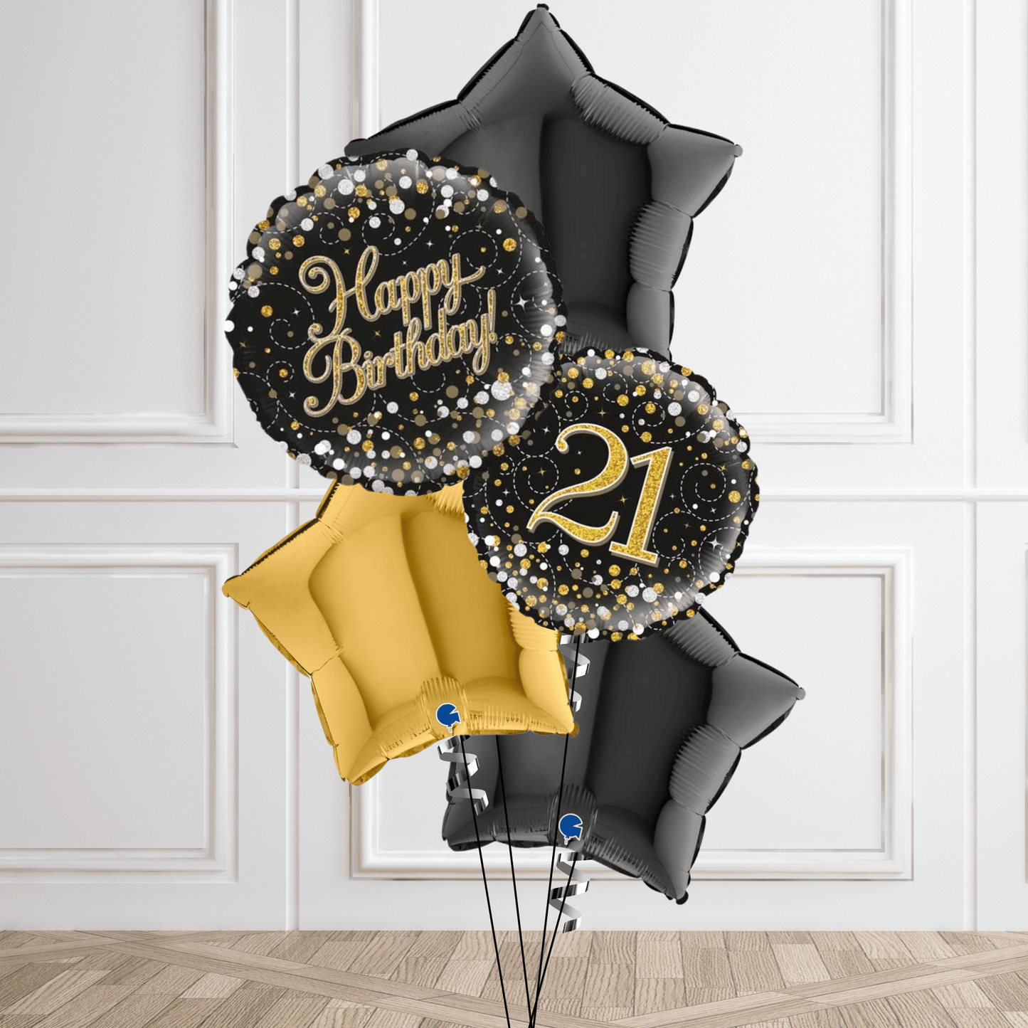 Sparkling Black & Gold 21st Birthday Balloon Bouquet | The Party Hut