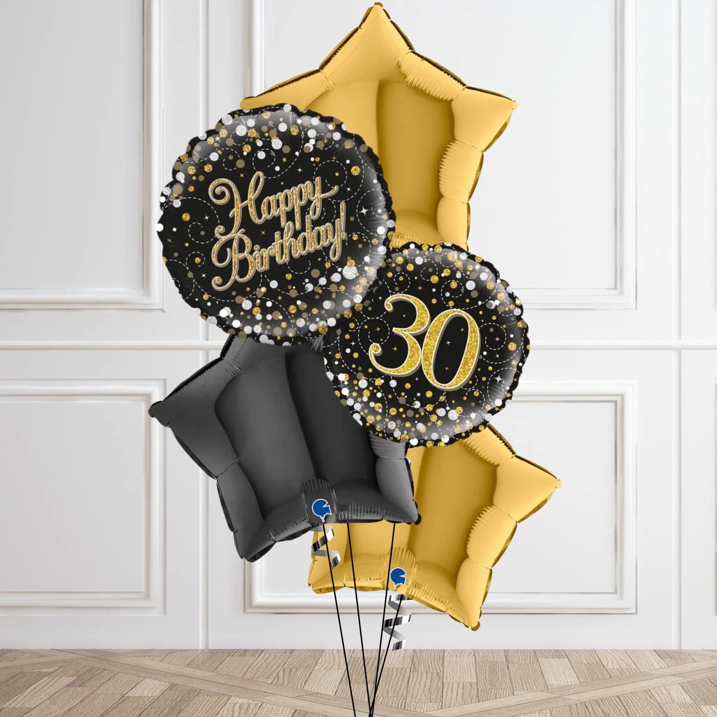 Sparkling Black & Gold 30th Birthday Balloon Bouquet | The Party Hut