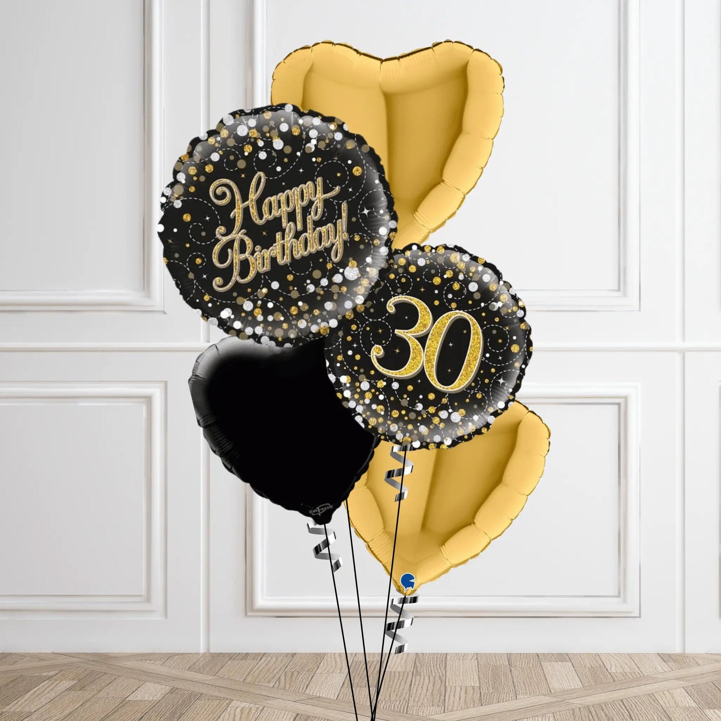 Sparkling Black & Gold 30th Birthday Balloon Bouquet | The Party Hut