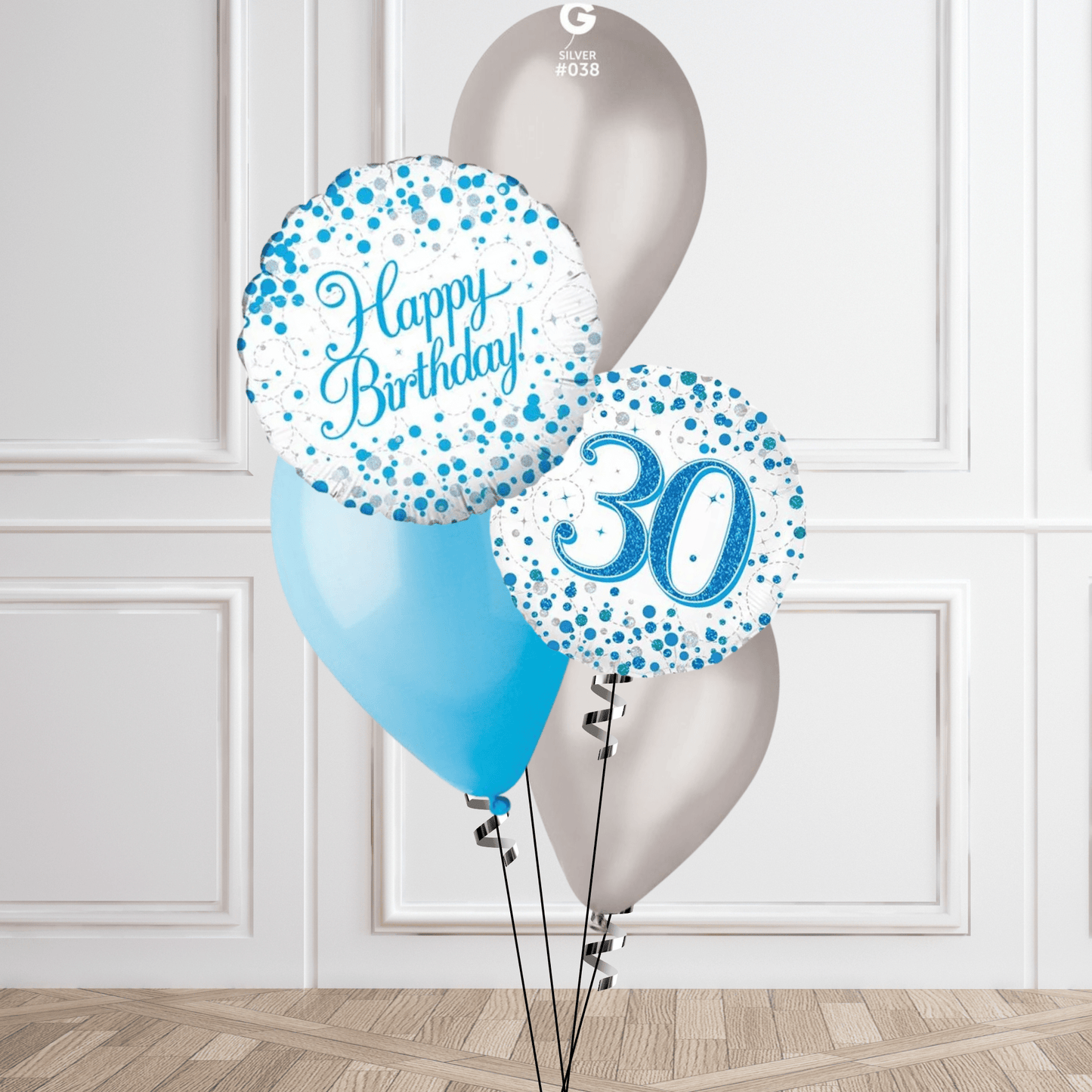 Sparkling Blue & Silver 30th Birthday Balloon Bouquet | The Party Hut