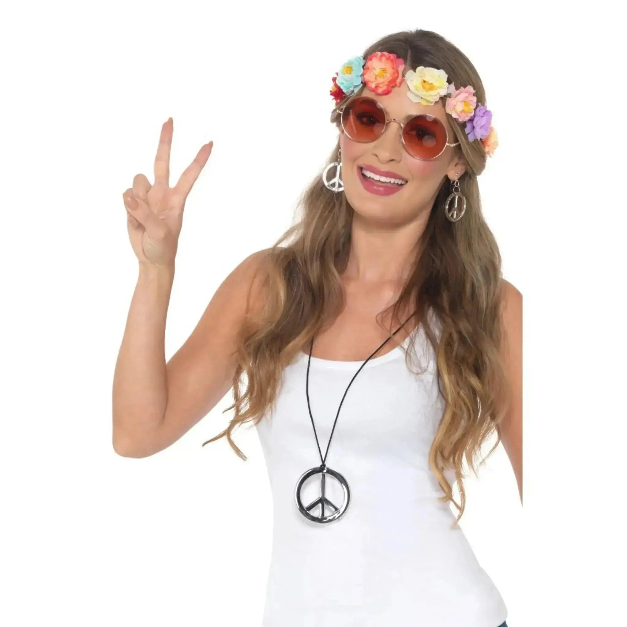 Hippie Festival Kit, Multi-Coloured, Flower Headband, Glasses, Medallion & Earrings | The Party Hut