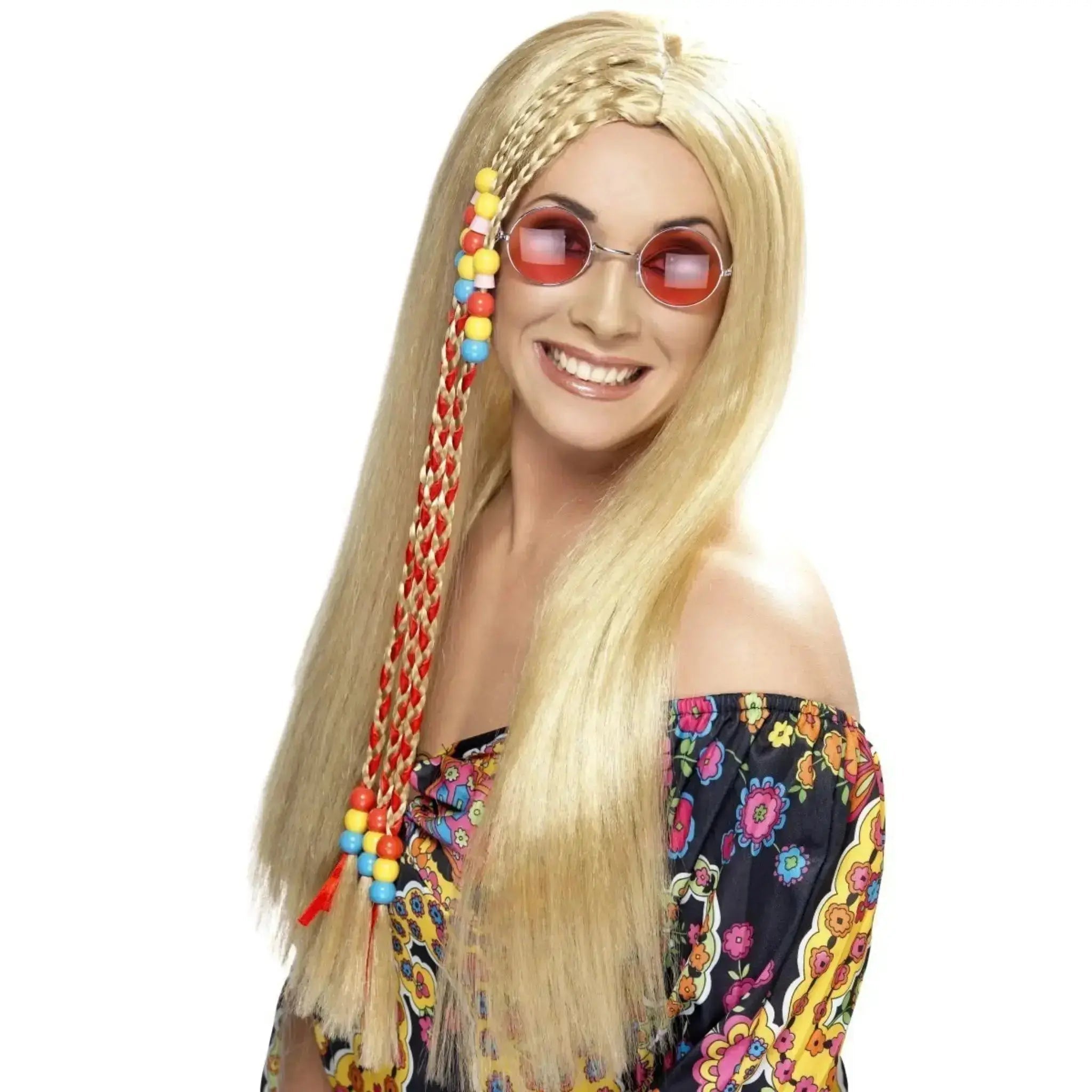 Hippy Party Wig, Long with Coloured Beads | The Party Hut
