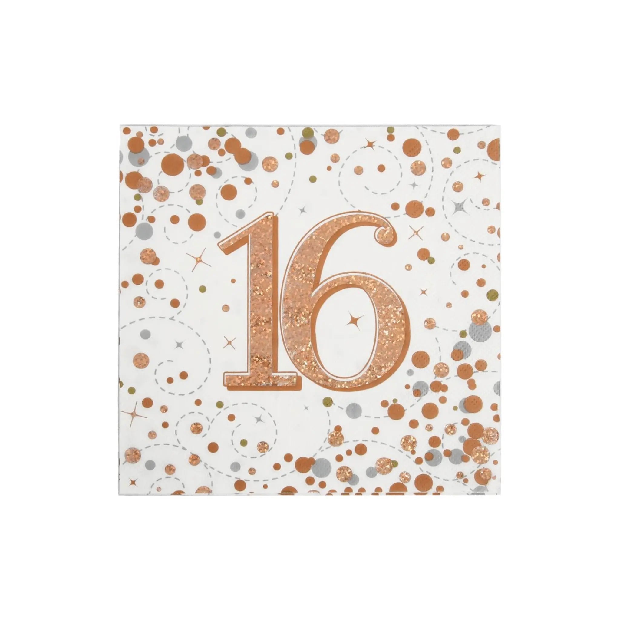 Pack of 16 Rose Gold Birthday Napkins (Age 16) | The Party Hut