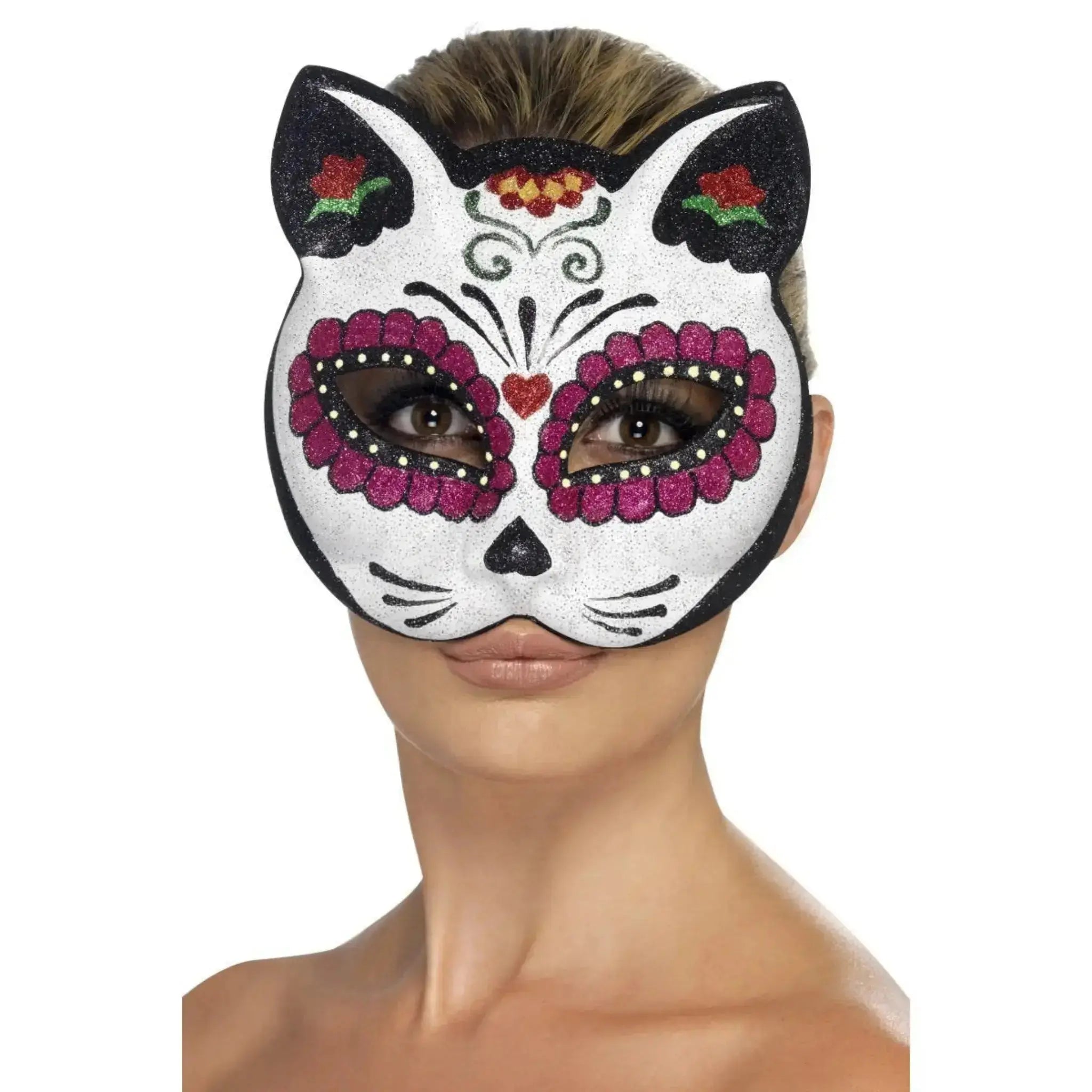 Sugar Skull Cat Glitter Eyemask | The Party Hut